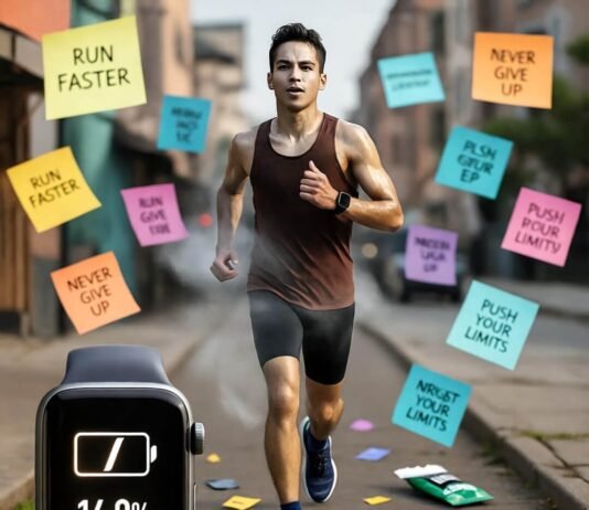 How to Get Fit Fast: The Ultimate Guide to Physical Fitness Sweaty runner on urban sidewalk with floating notes.