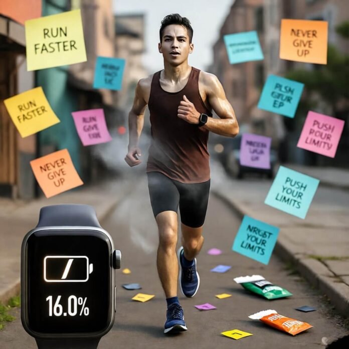 Sweaty runner on urban sidewalk with floating notes.