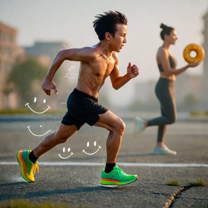 Sweaty runner, donut yogi, neon dawn haze.