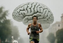 Benefits of Physical Fitness: How Regular Exercise Boosts Mental Health Runner with brain cloud, endorphin smiles.