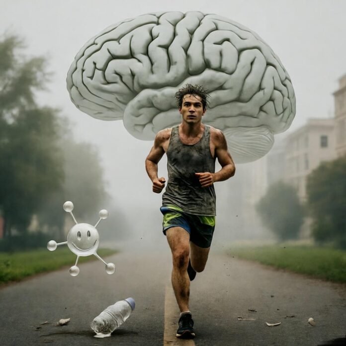 Runner with brain cloud, endorphin smiles.