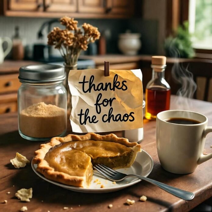 Half-eaten pie, coffee steam, chaos note.