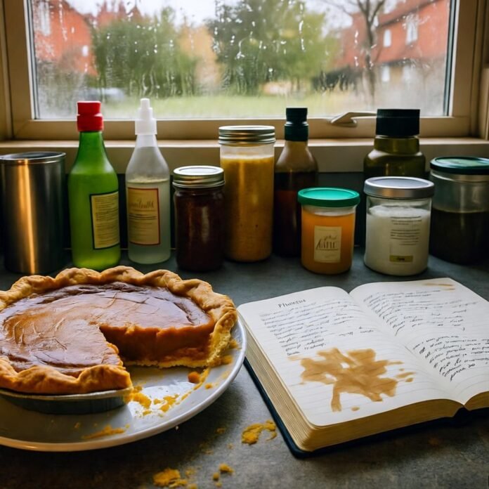 Cluttered pie and journal on rainy morning.