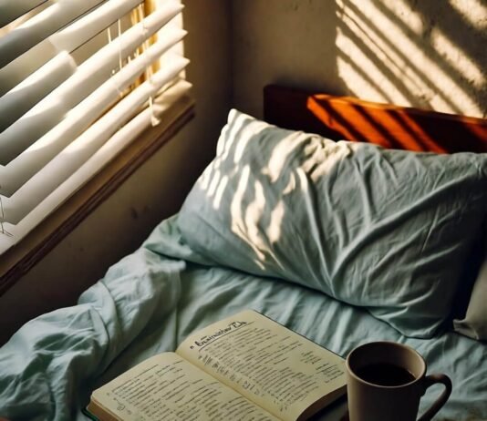 How a Success Mindset Transforms Your Life: Secrets to Stay Motivated? Unmade bed with planner and coffee in sunlight.