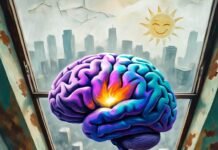 The Power of Positive Thinking: Why a Success Mindset is the Key to Achieving Your Goals Impressionistic art of a brain flowering into success, with a quirky winking sun in turquoise-orange hues.