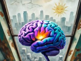 The Power of Positive Thinking: Why a Success Mindset is the Key to Achieving Your Goals Impressionistic art of a brain flowering into success, with a quirky winking sun in turquoise-orange hues.