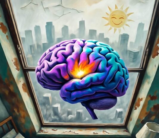 The Power of Positive Thinking: Why a Success Mindset is the Key to Achieving Your Goals Impressionistic art of a brain flowering into success, with a quirky winking sun in turquoise-orange hues.