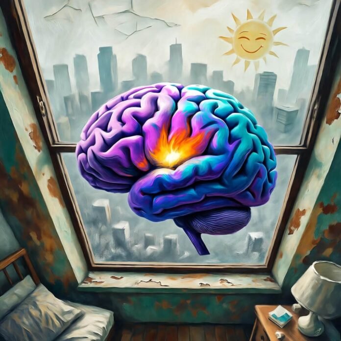 Impressionistic art of a brain flowering into success, with a quirky winking sun in turquoise-orange hues.