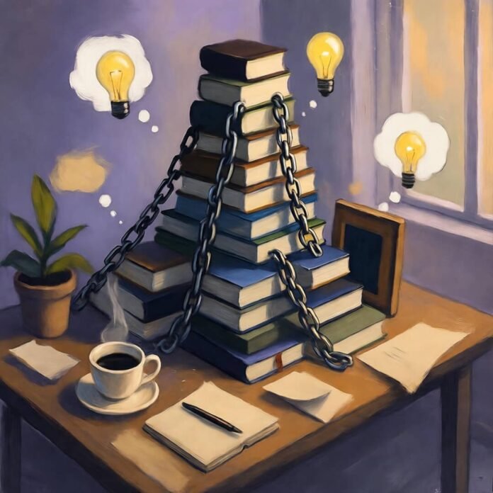 Impressionistic painting of overcoming obstacles with book mountain and lightbulb ideas. Impressionistic painting of overcoming obstacles with book mountain and lightbulb ideas.