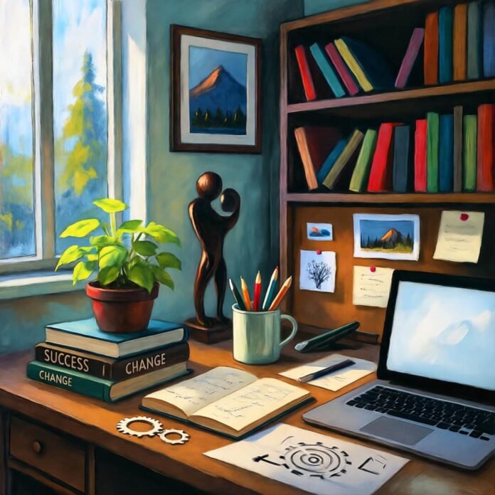 Cluttered desk morphing into success symbols.