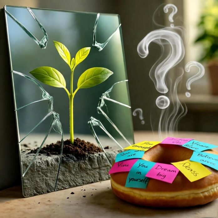 Cracked mirror, glowing seedling, sticky-note donut. Cracked mirror, glowing seedling, sticky-note donut.