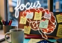How to Train Your Brain for Improved Concentration and Performance? Spilled coffee, sticky-note brain, focus neon.