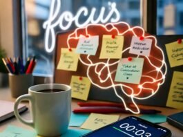 How to Train Your Brain for Improved Concentration and Performance? Spilled coffee, sticky-note brain, focus neon.
