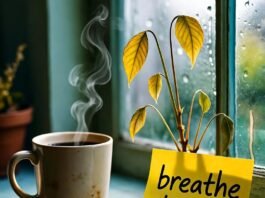 How to Boost Your Mental Wellness: Simple Practices for Everyday Life Steamy mug, wilting plant, "breathe damn it."