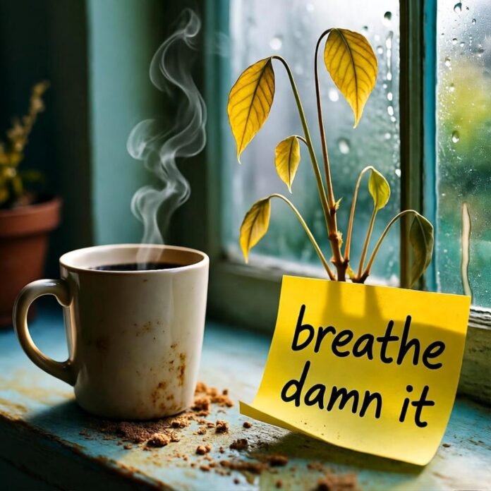 Steamy mug, wilting plant, "breathe damn it." Steamy mug, wilting plant, "breathe damn it."