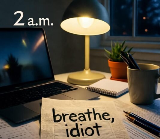 Mental Wellness 101: Understanding the Basics of Maintaining a Healthy Mind Overhead desk at 2am: lamp-lit napkin says "breathe, idiot"