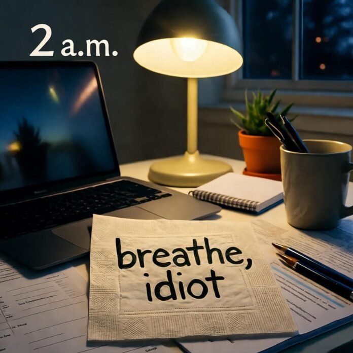 Overhead desk at 2am: lamp-lit napkin says "breathe, idiot" Overhead desk at 2am: lamp-lit napkin says "breathe, idiot"