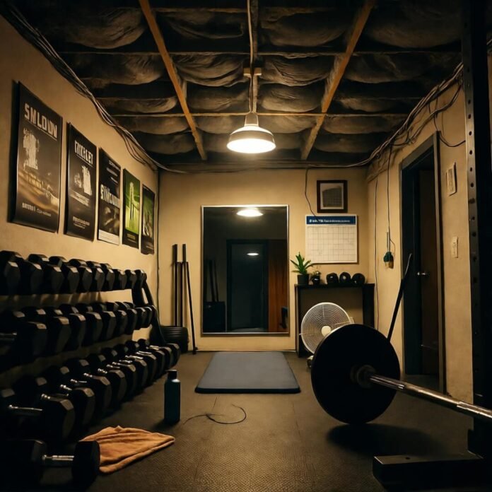 Cramped basement gym chaos from floor. Cramped basement gym chaos from floor.
