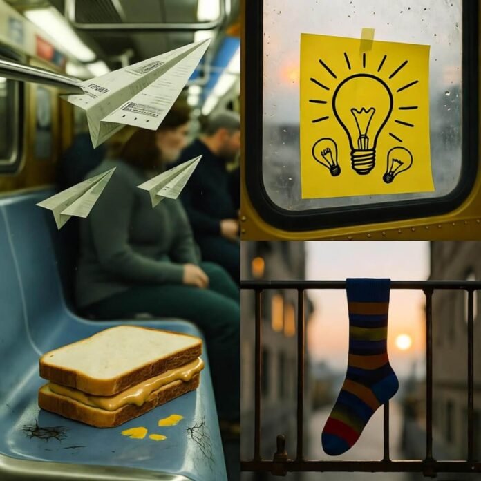 Abandoned PB sandwich on cracked seat. Abandoned PB sandwich on cracked seat.