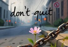 From Struggles to Strength: Personal Stories That Show the Power of Perseverance Rusty bike chain, wildflower, foggy "don't quit" note, impressionistic.