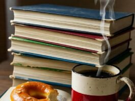 Top 7 Self-Improvement Books That Will Change Your Life Dog-eared books, coffee mug, donut, blurred VHS glitch.