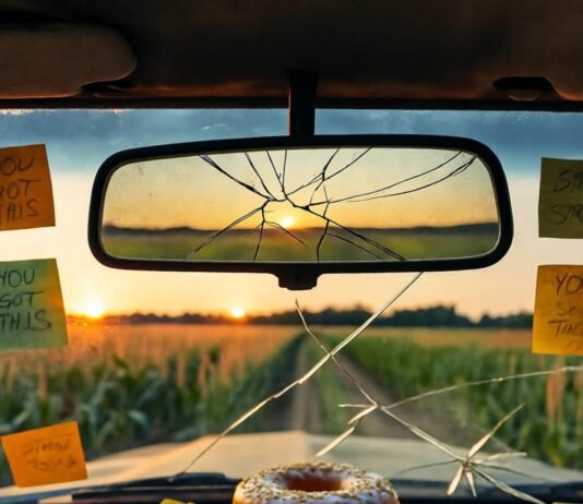 How to Overcome Self-Doubt and Achieve Continuous Self-Improvement Cracked mirror, donut, sticky notes—self-doubt dawn.