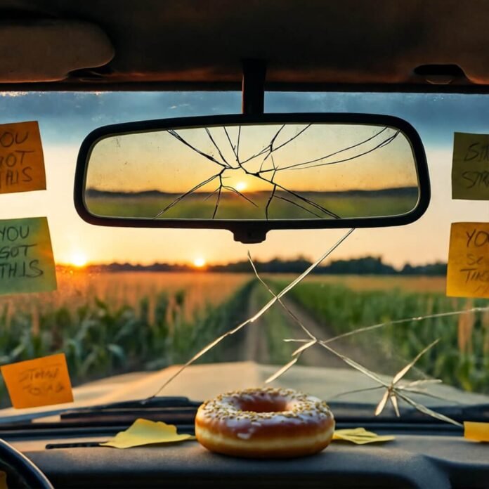 Cracked mirror, donut, sticky notes—self-doubt dawn. Cracked mirror, donut, sticky notes—self-doubt dawn.