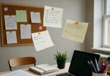 How to Use Active Learning Strategies to Boost Your Knowledge and Skills Chaotic desk with floating flashcards and coffee stains.