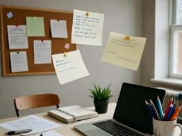 How to Use Active Learning Strategies to Boost Your Knowledge and Skills Chaotic desk with floating flashcards and coffee stains.