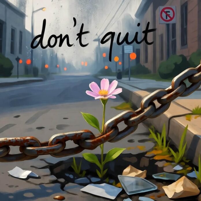 Rusty bike chain, wildflower, foggy "don't quit" note, impressionistic. Rusty bike chain, wildflower, foggy "don't quit" note, impressionistic.