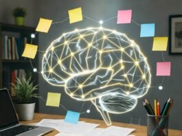 Unlock Your Full Potential: The Learning Strategies You Need to Know Sweaty desk with glowing brain sticky notes.