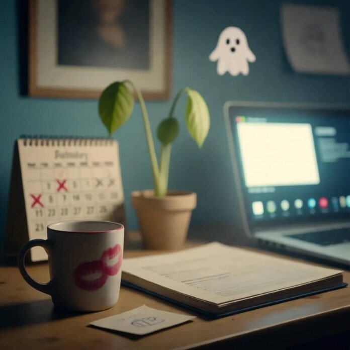 3 AM desk: spilled mug, wilted plant, ghost notes. 3 AM desk: spilled mug, wilted plant, ghost notes.