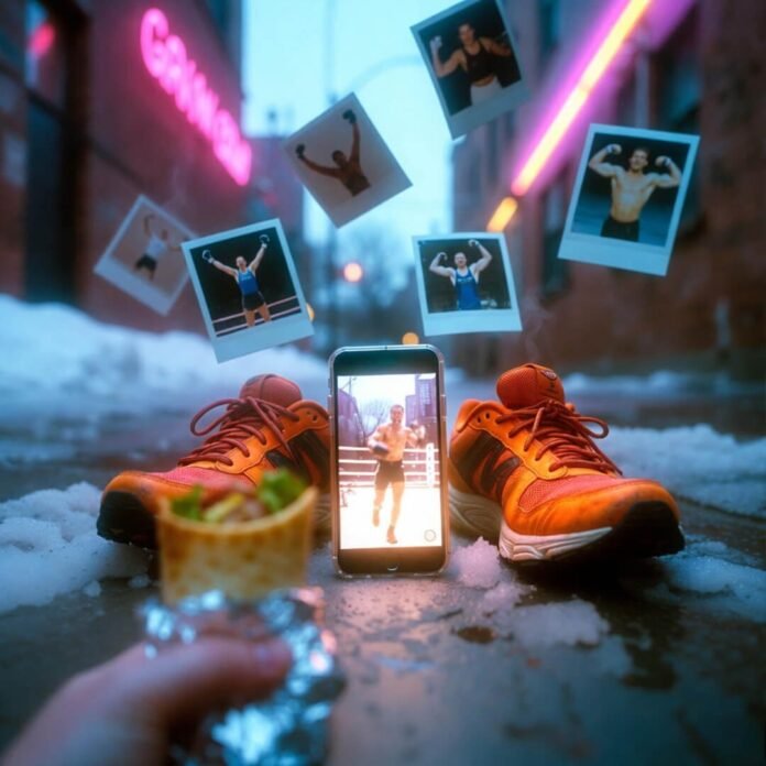 Greasy burrito, old shoes, floating athlete Polaroids in slush.