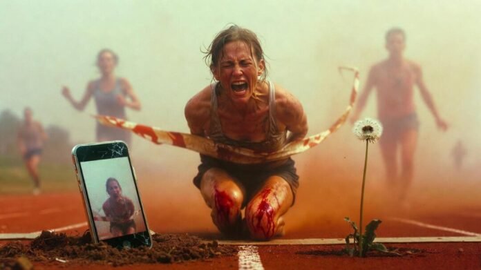 Muddy runner ugly-cries breaking finish tape Muddy runner ugly-cries breaking finish tape