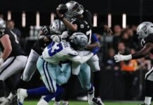 Heavy Hearts and Heroic Plays: Cowboys Honor Fallen Teammate in Dominant Win Over Raiders Dallas Cowboys' Micah Parsons sacks Las Vegas Raiders quarterback Aidan O'Connell mid-pass.