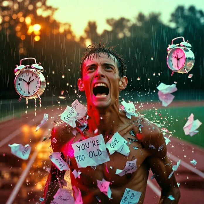 Soaked runner shattering doubts in the rain.