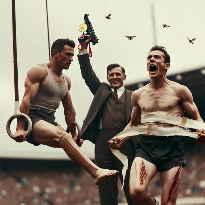 Defiant vintage athletes with prosthetics claim gold amid moths.