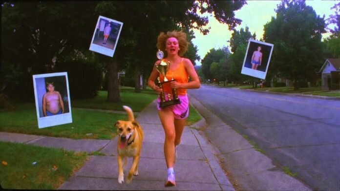Runner with junk trophy and ghost Polaroids, VHS tears. Runner with junk trophy and ghost Polaroids, VHS tears.