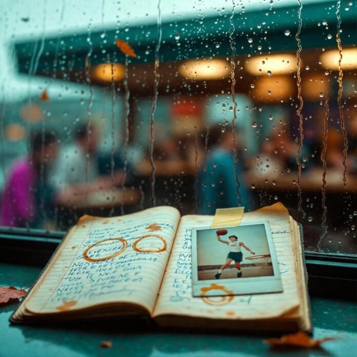 Rainy diner window, old notebook with failed dunk Polaroid Rainy diner window, old notebook with failed dunk Polaroid