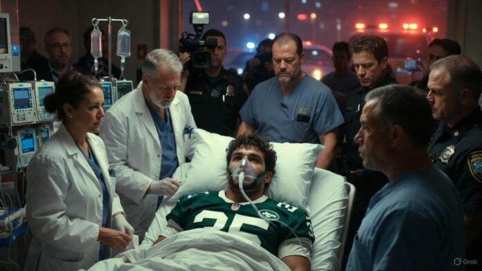 New York Jets player Kris Boyd lies injured in hospital bed, attended by doctors and police amid emergency lights.