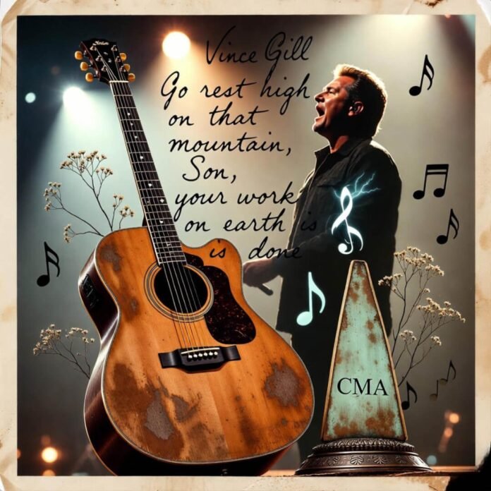 Echoes of the Heartland: Vince Gill's silhouette strums eternal in sepia glow, guitar and CMA legacy blooming with prairie notes. Echoes of the Heartland: Vince Gill's silhouette strums eternal in sepia glow, guitar and CMA legacy blooming with prairie notes.